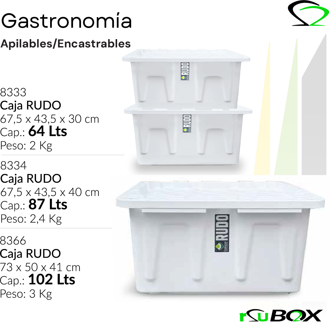 Cajas RUDO Apilables/Encastrables — 64, 87 y 102 litros